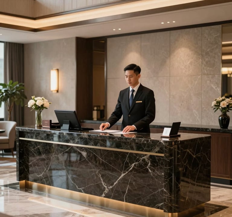 A luxury concierge desk in a premium hotel lobby, featuring a sleek dark marble counter and professional staff in corporate attire. Sophisticated North American / US setting.