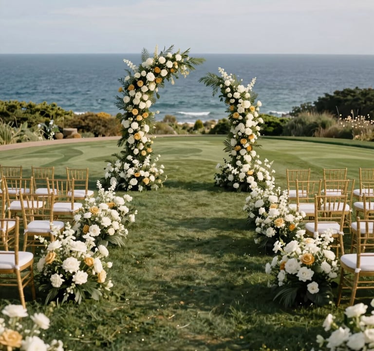 A high-end destination wedding setup on a manicured lawn overlooking a North American coastal view, with gold and white floral arrangements, representing event planning and lifestyle coordination.