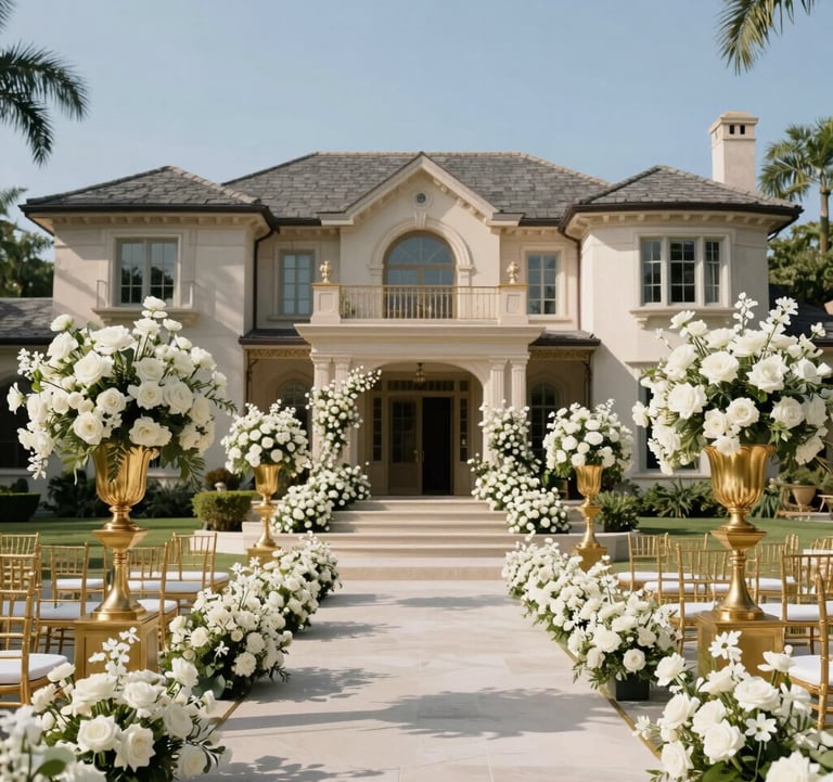 A high-profile destination event setup at a luxury estate, featuring gold accents and elegant white floral arrangements. North American / US style architecture in the background under clear skies.
