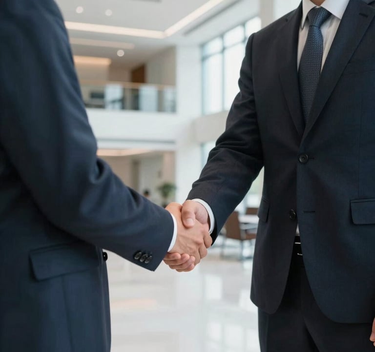 A focused shot of a professional in a sharp suit shaking hands in a bright, modern office lobby in the North American / US region. The lighting is clean and structured, emphasizing trust and collaboration.