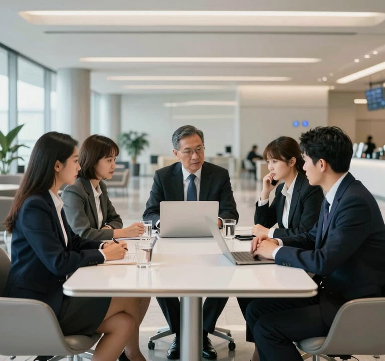 A group of professional business travelers in a bright, modern airport lounge in the US, engaged in a focused meeting around a white table. The scene is clean and spacious, reflecting premium corporate travel services.