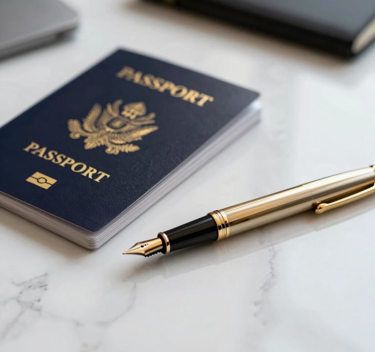 A sophisticated close-up of high-end travel documents and a gold-colored professional fountain pen resting on a clean white marble desk. Soft, natural daylight in a North American office setting creates a trustworthy and clear atmosphere.