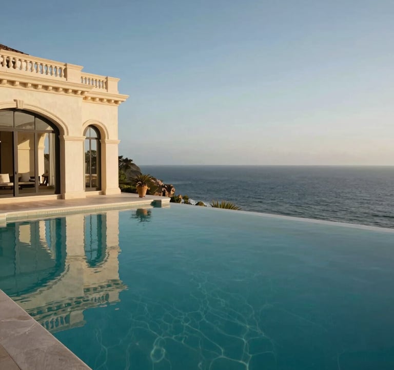 A wide shot of a luxury villa infinity pool overlooking the ocean in a Western / International setting. The water in the pool is deep charcoal teal, perfectly reflecting the elegant beige architecture of the terrace.