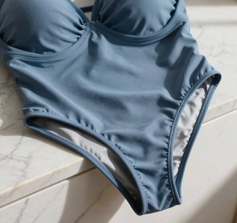 A close-up photograph of a luxury swimsuit draped over a marble ledge in a Western / International design studio. The fabric is a rich muted slate blue, highlighting its premium texture and soft sheen under natural sunlight.