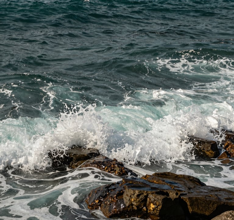 A shot of sunlit waves crashing against smooth rocks at a Western / International coast, with the water transitioning from deep charcoal teal to soft misty aqua foam.