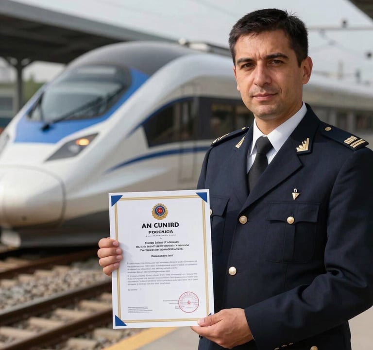 An official-looking railway safety certification document being held by a professional in uniform in Türkiye, with a blurred high-speed train in the background under daylight.