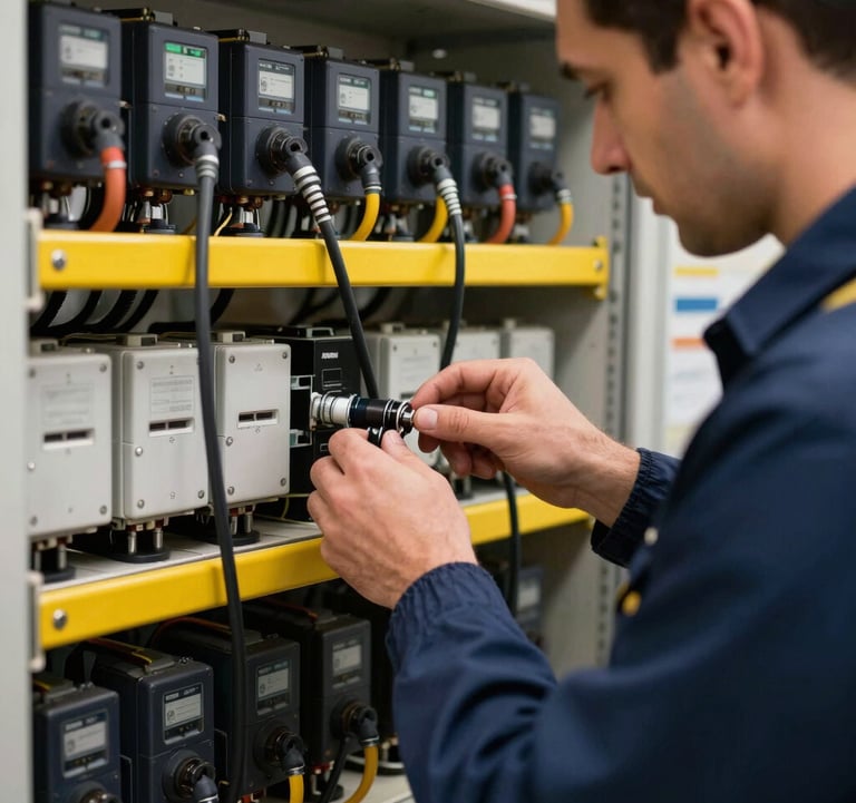 A close-up of a technical professional in Türkiye working on complex railway electrical systems, focused hands, industrial high-tech lighting, navy blue and bright yellow color palette.
