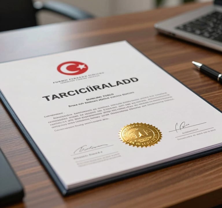 Close-up photography of an official railway certification document with a gold seal, resting on a wooden desk in a professional Turkish office setting.