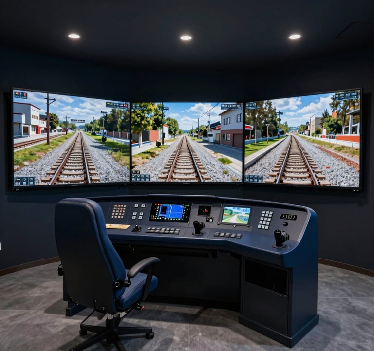 A realistic railway driving simulator room in Türkiye, featuring digital screens showing track simulations, modern navy blue training equipment.
