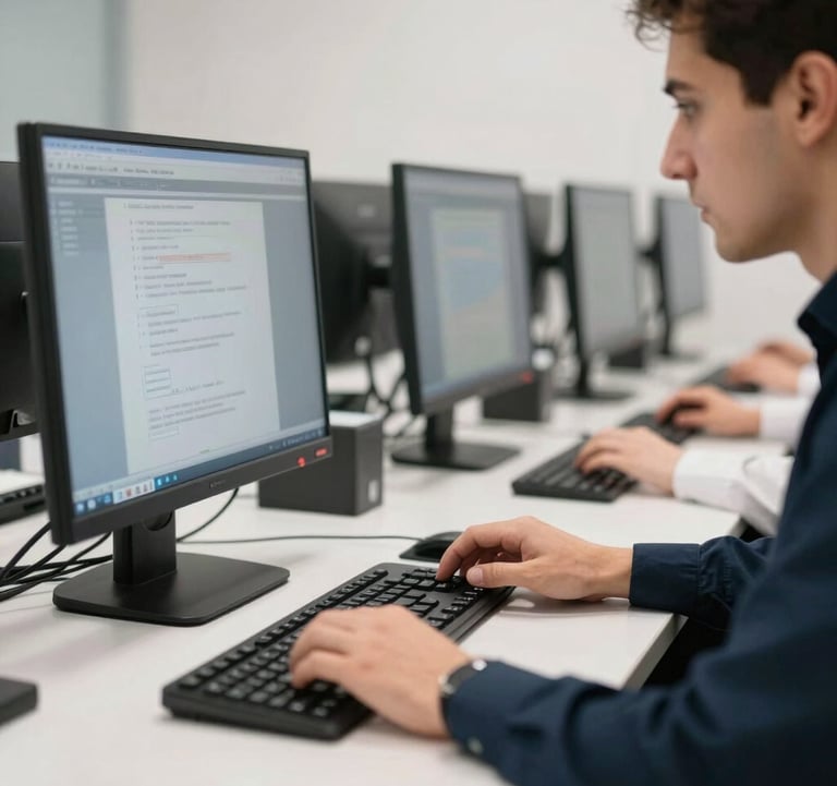 A focused close-up of a person in Türkiye taking a professional examination on a modern computer system in a clean, quiet testing center. Bright, neutral lighting reflecting a serious and professional mood.