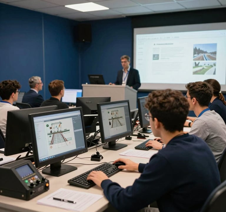 A professional training seminar in progress in Türkiye, showing students interacting with a railway control panel simulator. The room is modern with navy blue accent walls and professional lighting.