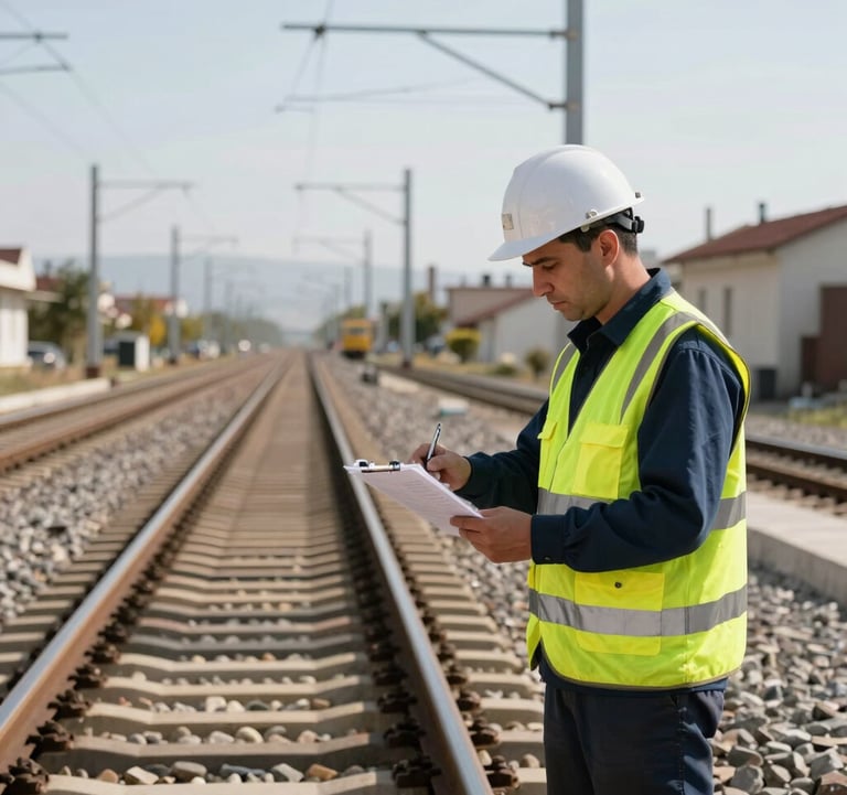 A professional railway safety inspector in a high-visibility yellow vest conducting an inspection on tracks in Türkiye, daylight, sharp focus on infrastructure.