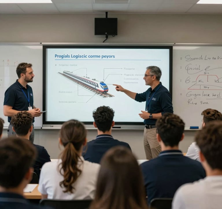Professional training environment in Türkiye showing instructors explaining railway logistics on a digital whiteboard to a focused group of students.