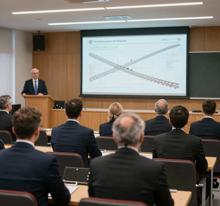 A group of professionals in professional attire attending a seminar in a modern Turkish lecture hall, bright lighting, focus on a digital screen showing railway charts.