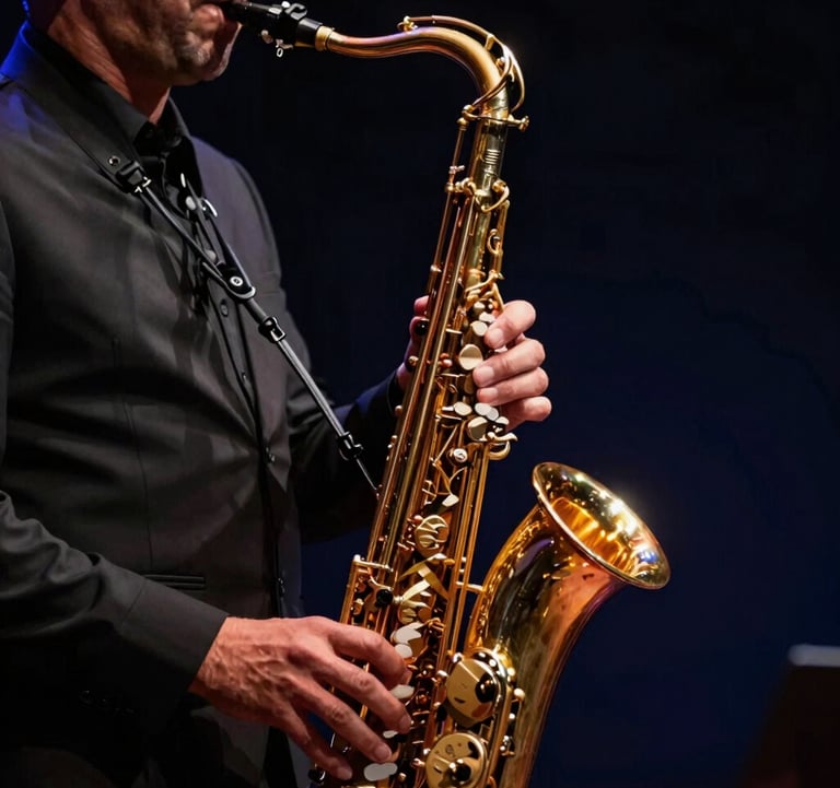 A professional jazz musician performing with a saxophone. Dramatic lighting highlighting the golden instrument against a black and deep navy background. Cinematic style.