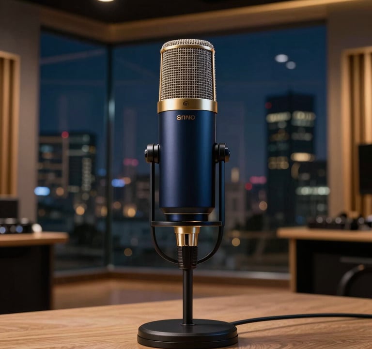 A minimalist, premium radio broadcasting mic standing in a luxury studio with glass walls and views of a night city. Navy and gold lighting palette.