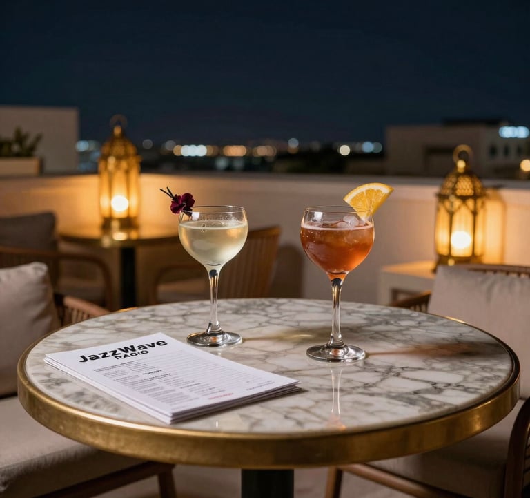 An overhead shot of an elegant rooftop lounge table in Muscat with two sophisticated drinks, a program for JazzWave Radio, and the warm glow of gold lanterns against a deep navy night sky.