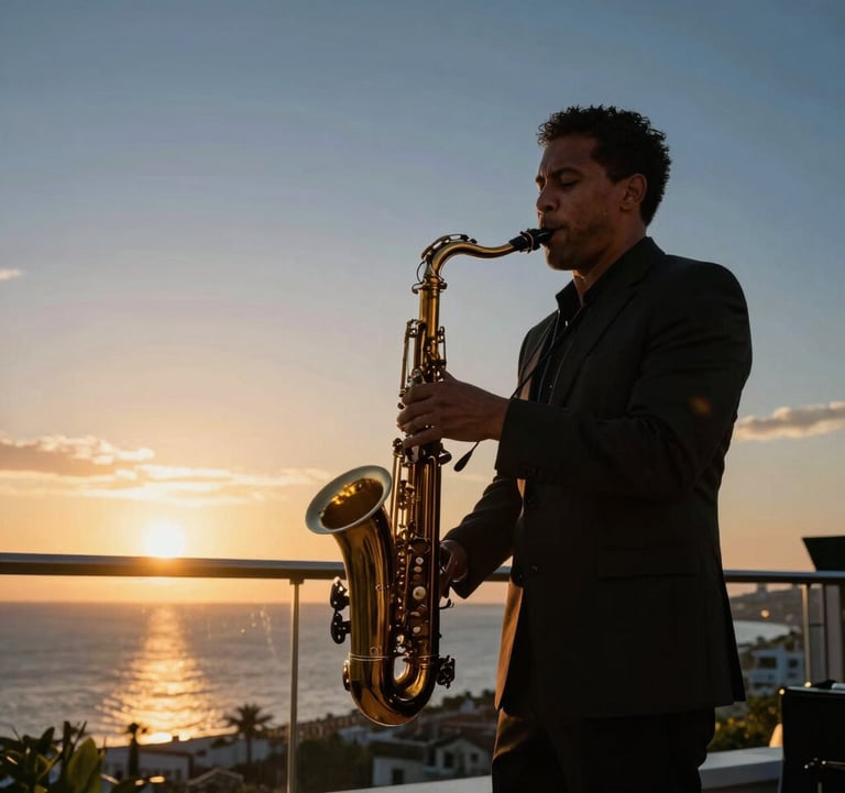 A sophisticated outdoor jazz performance at sunset on a luxury balcony overlooking the Gulf. A saxophone player is silhouetted against a gold and navy sky. The scene conveys pure elegance and high-end lifestyle.