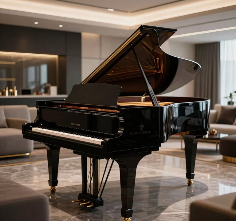 A high-end, polished grand piano in a minimalist luxury lounge. The black wood reflects soft gold light. The setting is a premium Middle Eastern / Gulf media house with clean architectural lines and a dark luxury theme.