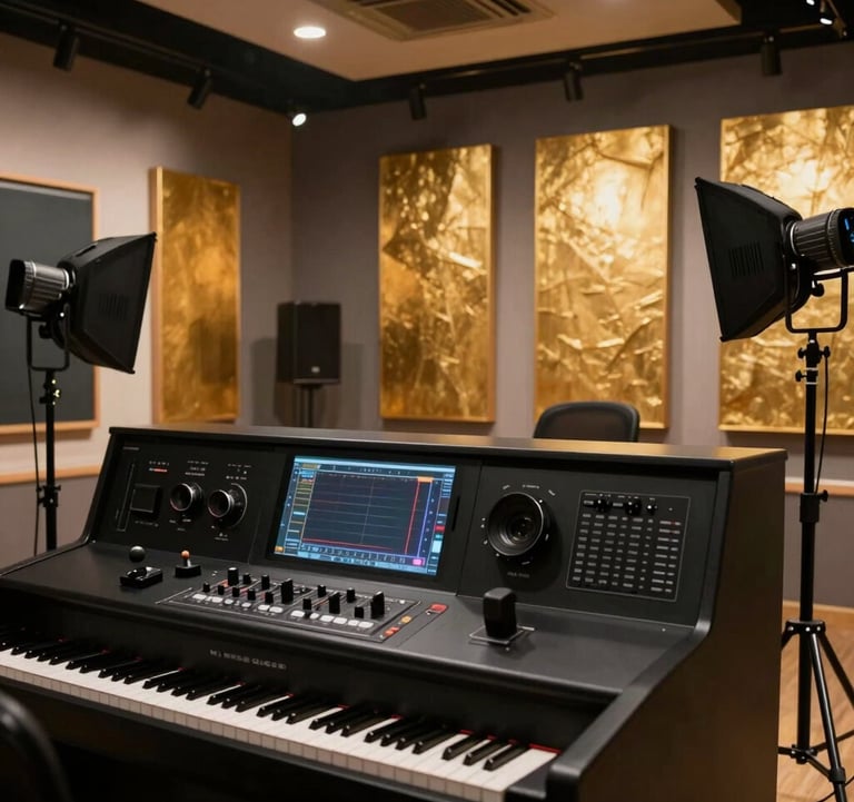 A high-end, modern media studio interior in Oman. Focus on professional studio equipment, sleek black consoles, and warm gold acoustic panels in the background. Low-key, cinematic lighting.