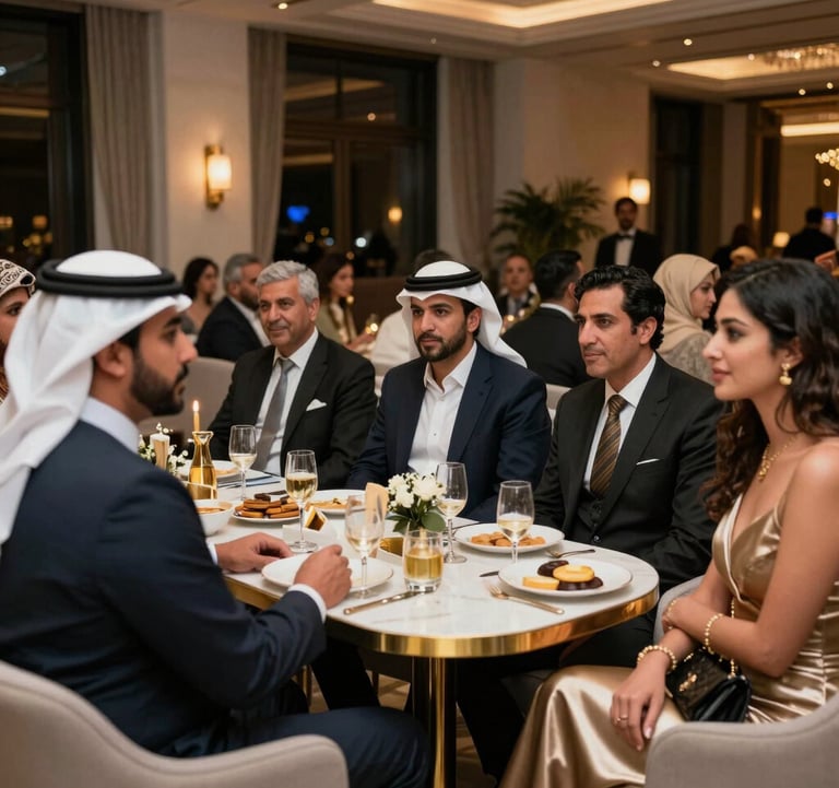 A group of elegantly dressed guests at a private networking event in a Middle Eastern / Gulf luxury hotel. The lighting is low and sophisticated with gold accents, focusing on the refined atmosphere of the JazzWave club.