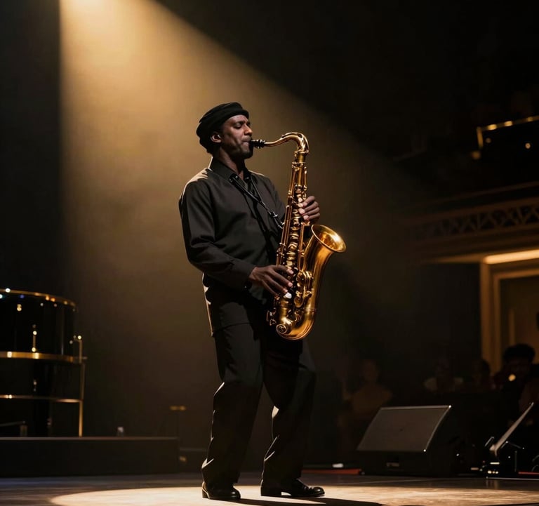 A silhouette of a jazz saxophonist performing on a stage under a single gold spotlight. The background is a deep black, capturing a moment of pure musical elegance in a luxury Middle Eastern / Gulf venue.