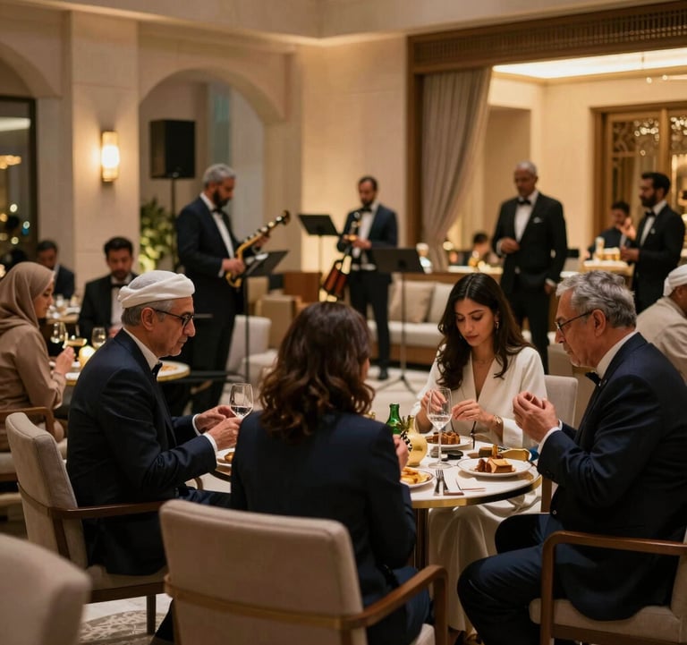 A sophisticated social gathering at a luxury venue in Muscat. Elegant people enjoying a live jazz performance under soft, gold-toned ambient lighting. Deep navy shadows.