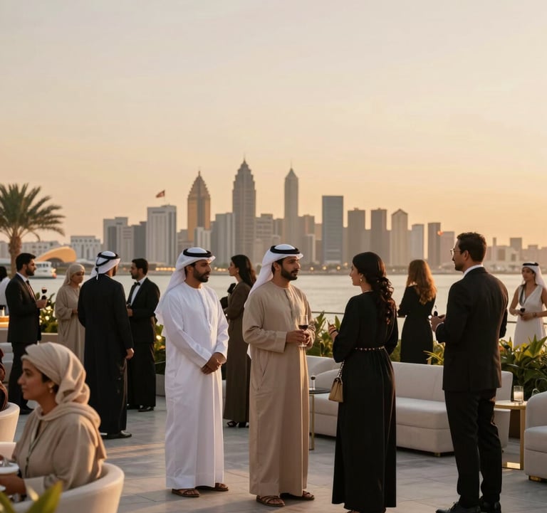A sophisticated lifestyle photograph of an elegant Middle Eastern / Gulf evening event. Guests in formal attire are enjoying a rooftop setting with soft gold lighting and a background of the Muscat skyline. The composition is minimalist and luxurious.