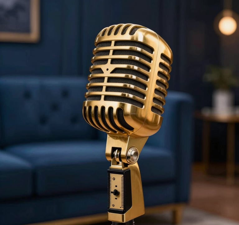 Macro photography of a vintage-style golden microphone stand. Soft bokeh background of a luxury lounge with deep blue and black colors.