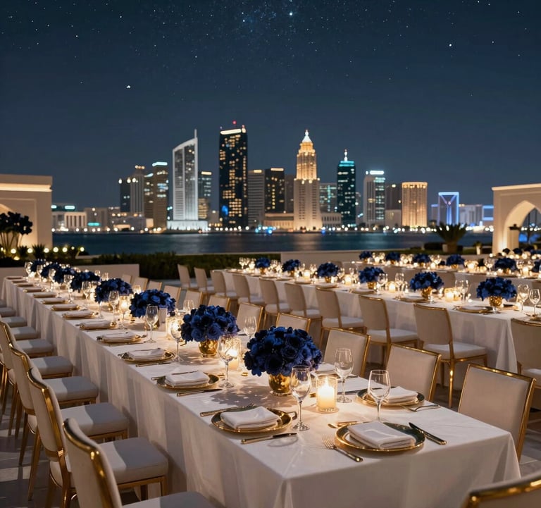 A wide shot of an elegant gala dinner under the stars at a luxury resort in Muscat. Long tables with white linens, gold accents, and deep navy floral arrangements. The city skyline glows in the background, Middle Eastern / Gulf evening vibe.