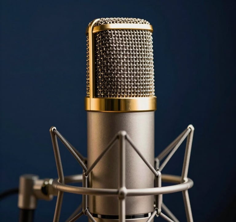 A close-up photograph of a professional studio microphone with gold accents, set against a dark navy blue background. The lighting is dramatic and cinematic, highlighting the refined textures of the media equipment. Middle Eastern / Gulf luxury studio aesthetic.