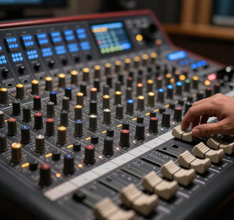 Close-up of a professional mixing console in a luxury radio station. Subtle blue and gold LED lights glowing in a dark, premium studio environment.