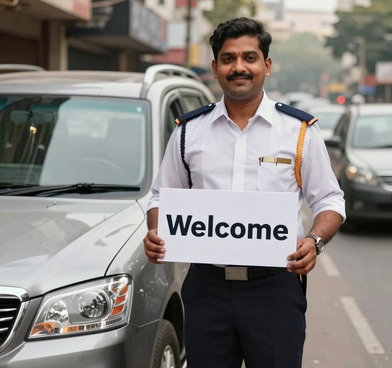 A professional chauffeur in a clean uniform standing next to a premium vehicle in a South Asian / Indian city environment, holding a welcome sign. Friendly and reliable atmosphere.
