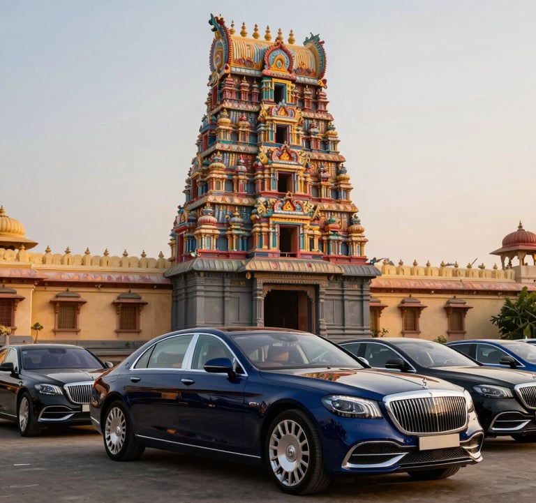 A professional wide-angle shot of a premium luxury sedan from our rental fleet, parked in front of a majestic and colorful South Asian / Indian temple during the golden hour. The lighting is warm and emphasizes the Deep Ocean Blue finish of the car.