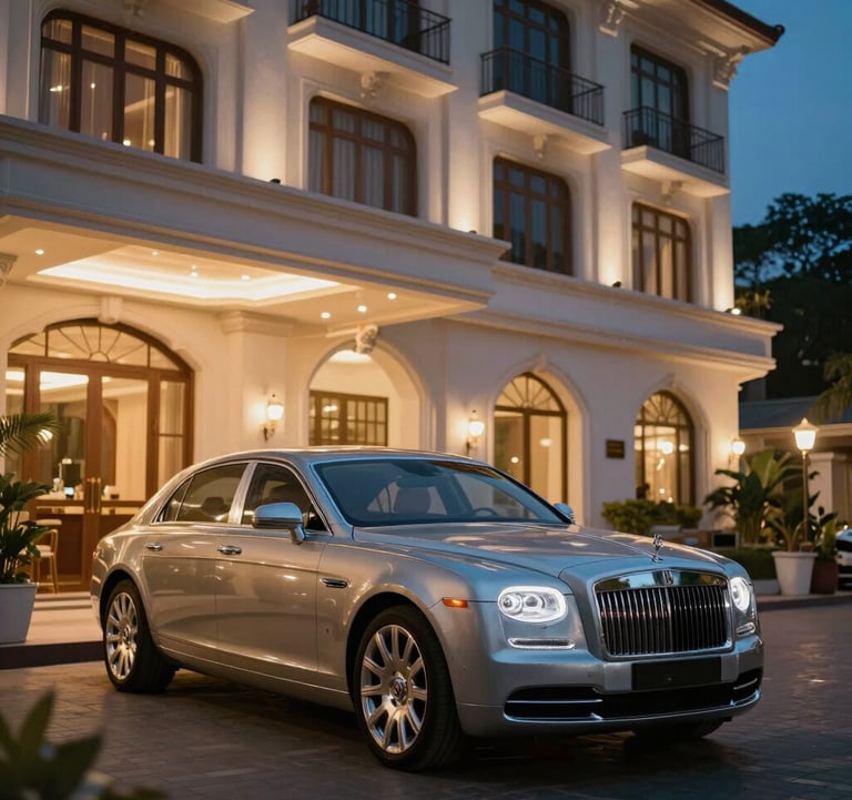 A luxury car parked by a beautiful, brightly lit South Asian / Indian boutique hotel at night. The scene is elegant with warm and steel blue tones.