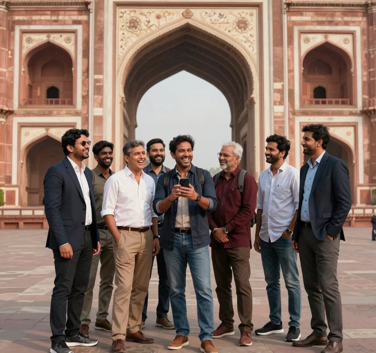 A group of South Asian / Indian travelers laughing and taking photos at a majestic historic palace gateway, dressed in smart-casual travel attire. Professional photography, bright daylight.