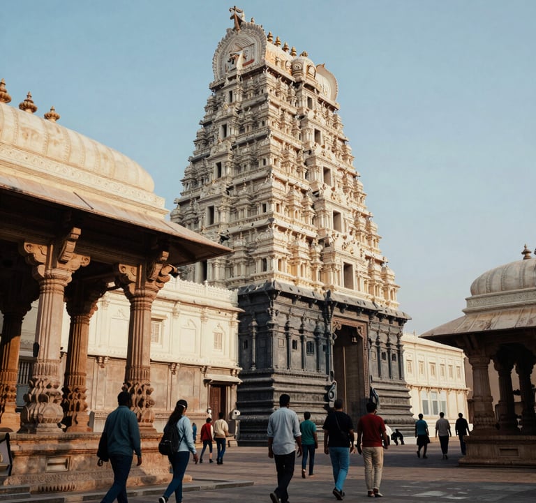 A group of travelers exploring a majestic South Asian / Indian temple complex. The architecture is detailed and ancient. Soft afternoon light with tones of off-white and dark navy in the shadows.