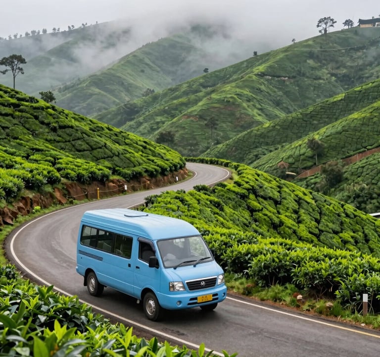 A scenic view of a tea plantation in a South Asian / Indian hill station with mist rolling over the green hills. A light blue tour van is parked on the winding road. High-quality travel photography.