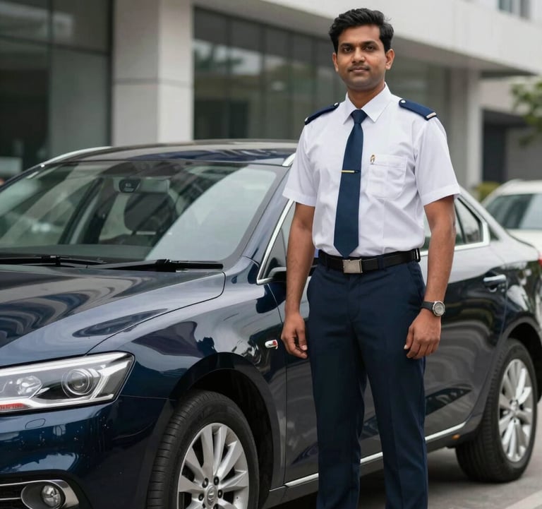 A professional South Asian / Indian driver in a crisp uniform standing next to a sleek dark navy sedan in a modern urban environment. The scene feels elegant and reliable. High-quality commercial photography.