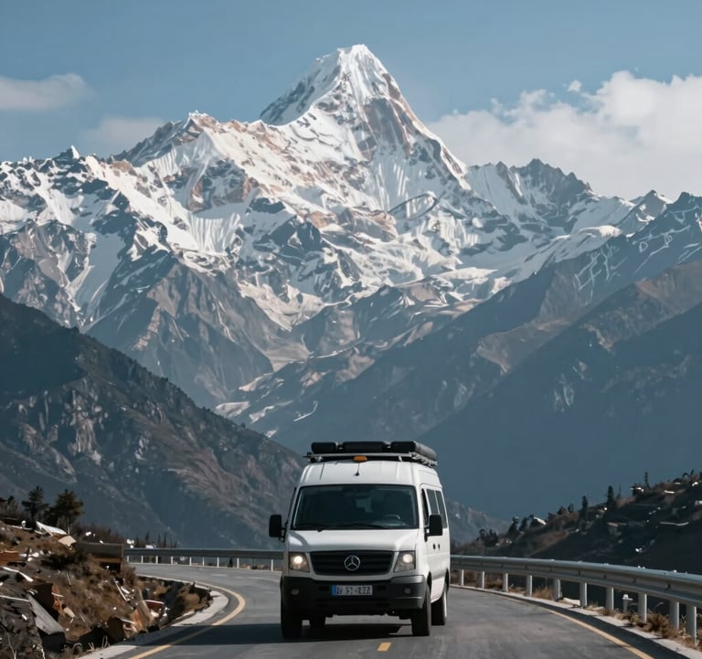 A travel van driving on a scenic mountain road in the Himalayas, surrounded by snow-capped peaks and mist blue skies. Majestic and adventurous.