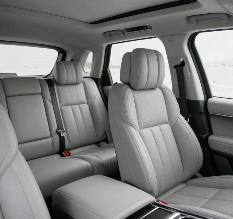 The interior of a premium luxury SUV, focusing on the soft pale grey leather seats and spacious cabin. Professional, clean, and inviting South Asian / Indian travel context.