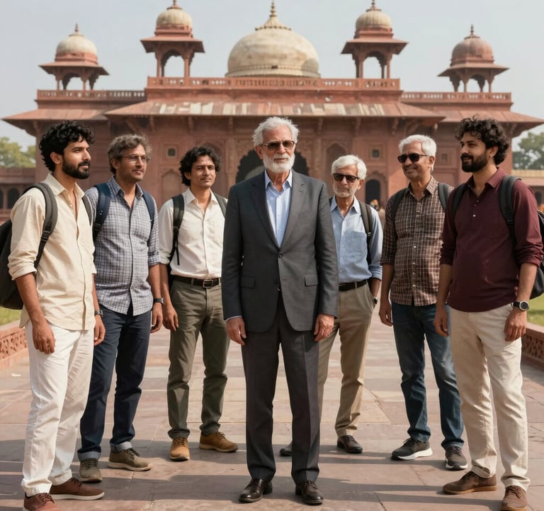 A high-quality lifestyle photograph of a group of travelers enjoying a curated tour at a South Asian / Indian heritage site, dressed in comfortable yet elegant travel attire. The scene is bright and professional, captured in the midday sun.