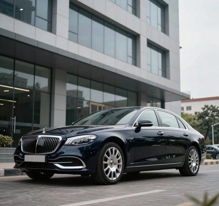 A luxury dark navy sedan parked in front of a modern South Asian / Indian corporate building. The car is polished and clean, reflecting the pale grey sky. Sleek and professional look.