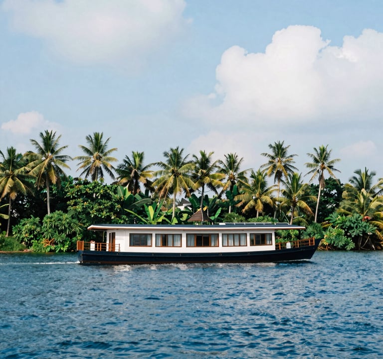 A serene photograph of a luxury houseboat drifting along the Kerala backwaters in a lush South Asian / Indian tropical landscape. The water is a calm Deep Ocean Blue, and the sky is a pale Cloud White.