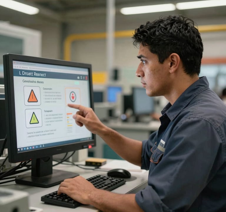 A professional South American worker in a high-tech factory setting, looking at a digital interface for gamified safety tasks, illuminated by soft golden light.