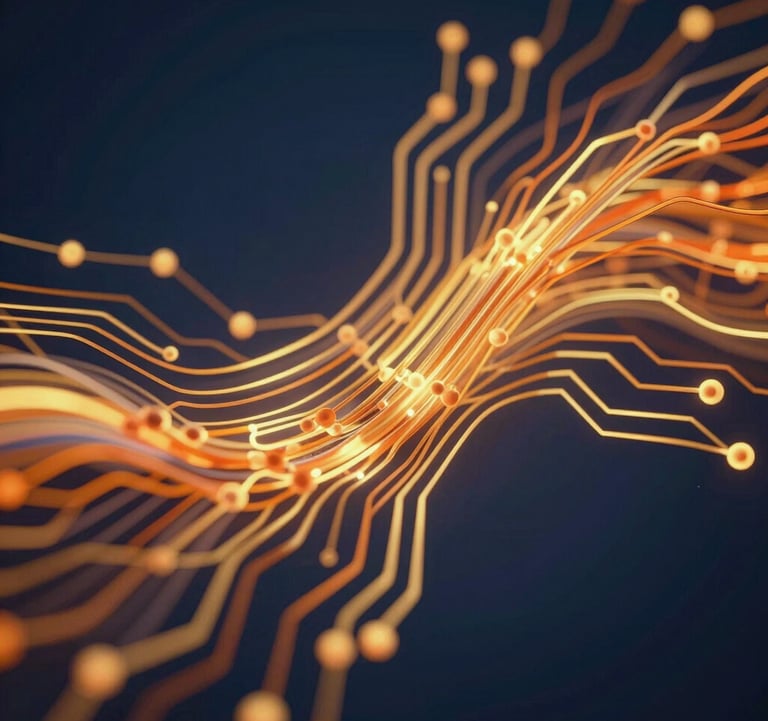 An abstract photography piece of flowing data streams and neural network circuits. The lighting is soft gold and vibrant orange against a deep night blue background, symbolizing predictive AI and smart intelligence.