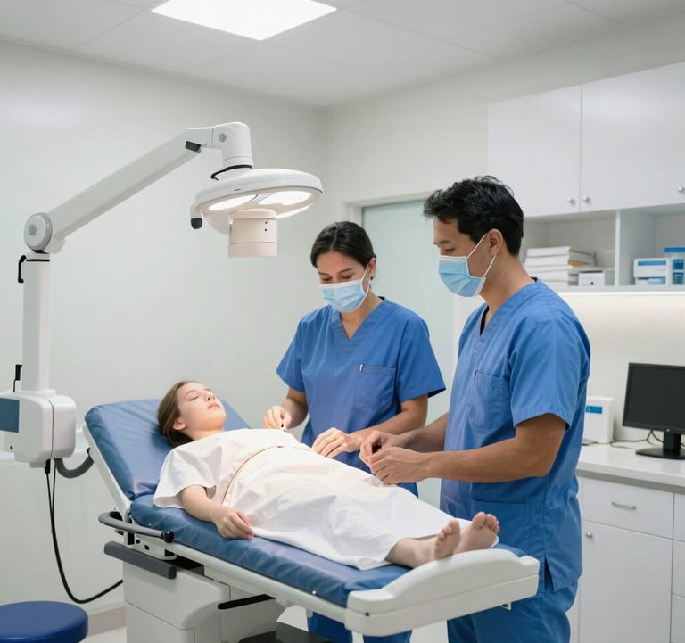 A modern health clinic interior in Brazil, professional lighting, clean white and blue tones, representing medical SST management.
