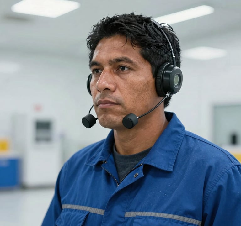 Close-up of a worker in South American industrial attire wearing smart PPE with integrated sensors, standing in a clean, modern warehouse with soft ice white lighting.