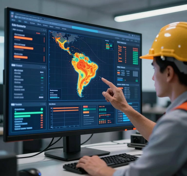 A South American safety engineer analyzing a complex digital dashboard with risk indicators and 3D heat maps on a large high-resolution screen. Modern office lighting with deep night blue and vibrant orange accents.
