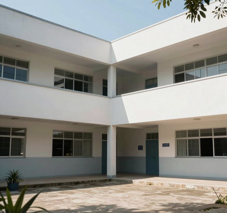 Modern architecture of a South American technical school for occupational safety, clean lines, bright daylight, professional atmosphere.